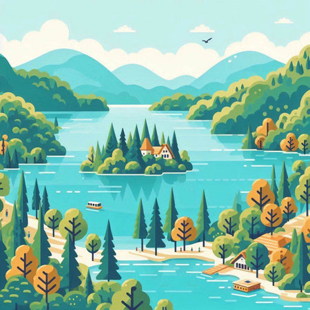 Landscape with lake, forest and mountains in flat style. Vector illustrationのイラスト素材
