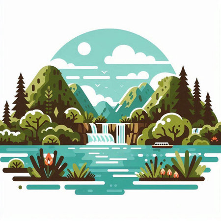 Landscape with mountains, river, forest and trees. Vector illustration.のイラスト素材