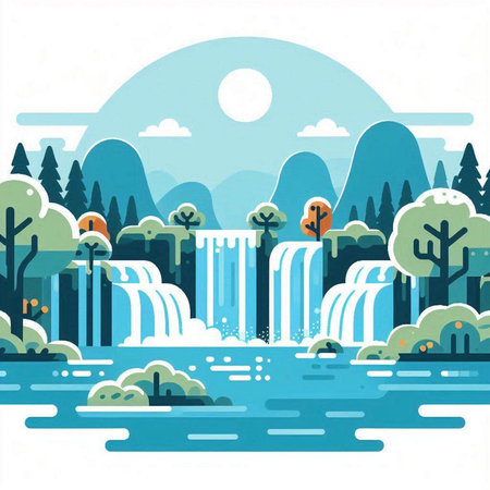 Landscape with waterfall and trees. Vector illustration in flat style.のイラスト素材