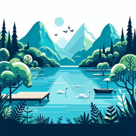 Landscape with lake, mountains and swans. Vector illustration.のイラスト素材