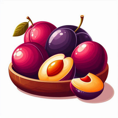 Plums in a wooden bowl isolated on white background. Vector illustration.のイラスト素材