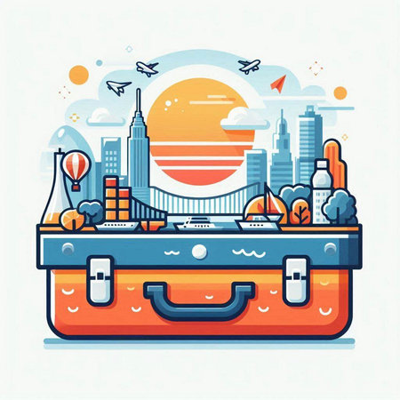 Vector illustration of travel and vacation concept. Luggage with city view.のイラスト素材