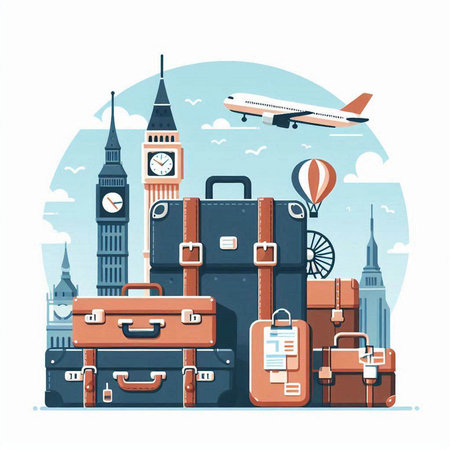 Travel and tourism concept. Vector illustration in flat style. Set of travel bags, luggage, suitcases and airplane.のイラスト素材