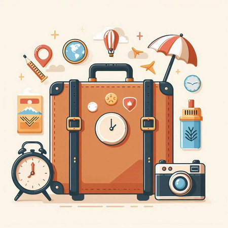 Vintage travel suitcase with travel icons. Flat design vector illustration.のイラスト素材