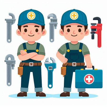 Plumber and plumber with tools. Vector illustration in cartoon style.のイラスト素材