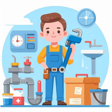 Plumber in uniform with tools. Plumber at work. Vector illustrationのイラスト素材