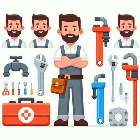 Repairman and tools set. Vector illustration in cartoon style.のイラスト素材