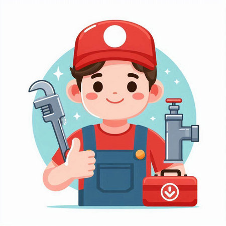 Plumber with toolbox and wrench. Vector illustration in cartoon style.のイラスト素材