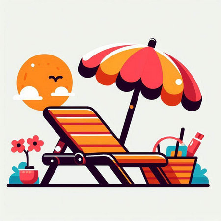 Vector illustration of a sun lounger on the beach. Summer vacation concept.のイラスト素材