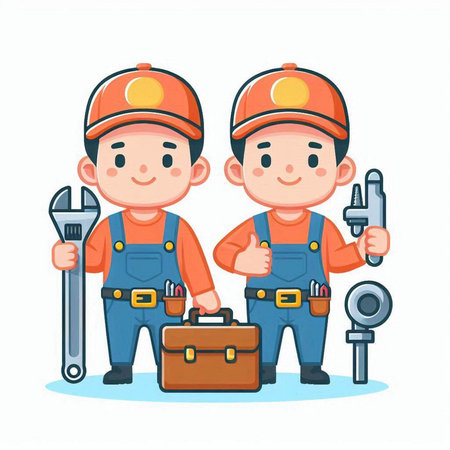 Two handymen with tools. Vector illustration in a flat style.のイラスト素材