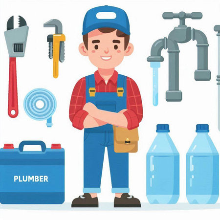 Plumber. Plumber character. Plumber man. Plumber with tools. Plumber in uniform. Plumber with tool box. Plumber in uniform. Plumber in overalls. Plumber at work. Vector illustrationのイラスト素材
