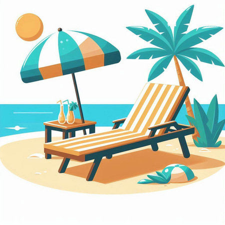 Beach chair with umbrella and cocktail on the beach. Vector illustrationのイラスト素材