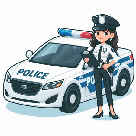 Police woman with clipboard and police car. Vector illustration isolated on white background.のイラスト素材