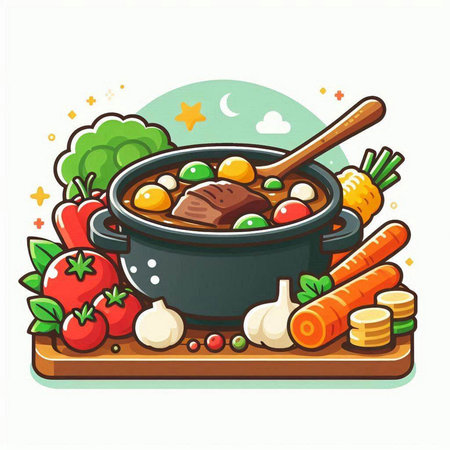 Illustration of a soup with vegetables and meat in a pot.のイラスト素材