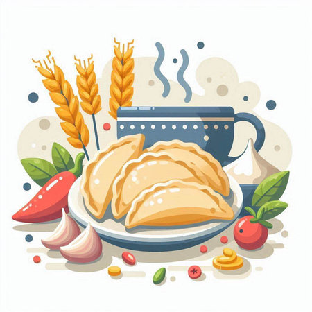 Vector illustration of fried dumplings with meat and vegetables on white backgroundのイラスト素材