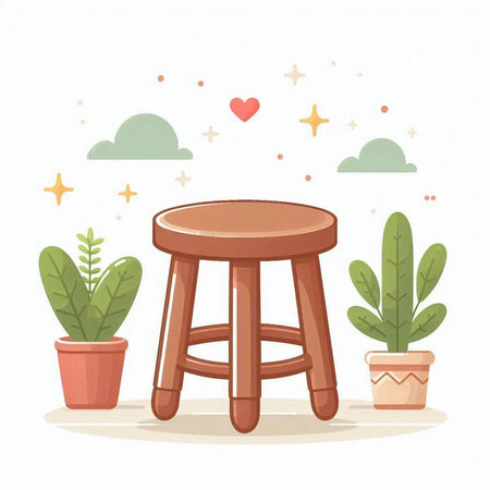 Wooden stool with potted plants. Flat style vector illustration.のイラスト素材