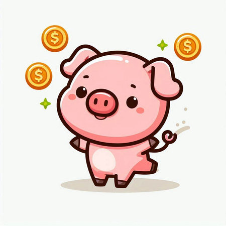 Cute piggy bank cartoon vector illustration. Cute piggy bank mascot.のイラスト素材