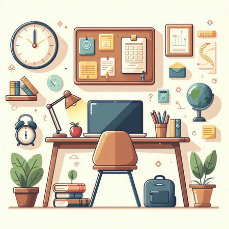 Office workplace. Workplace with computer, books, stationery, clock and plant. Vector illustration.のイラスト素材