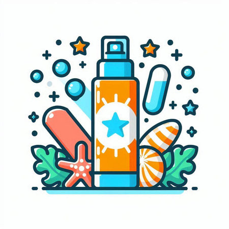 Sunscreen bottle with star and seashells. Vector illustration.のイラスト素材