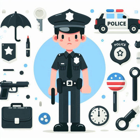 Policeman in police uniform with set of icons. Vector illustrationのイラスト素材