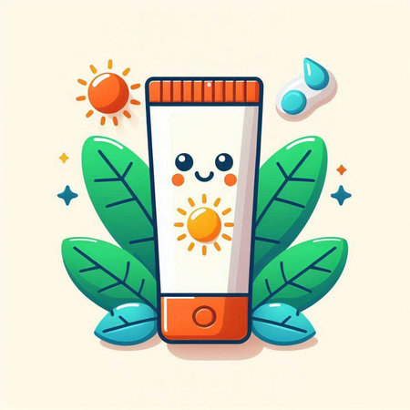 Cute cartoon sun cream bottle with smiling face. Vector illustration.のイラスト素材