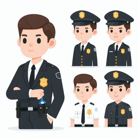Policeman and police officer in different poses. Vector illustration.のイラスト素材