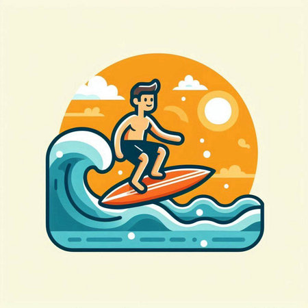 Surfer in the sea. Vector illustration. Flat design style.のイラスト素材
