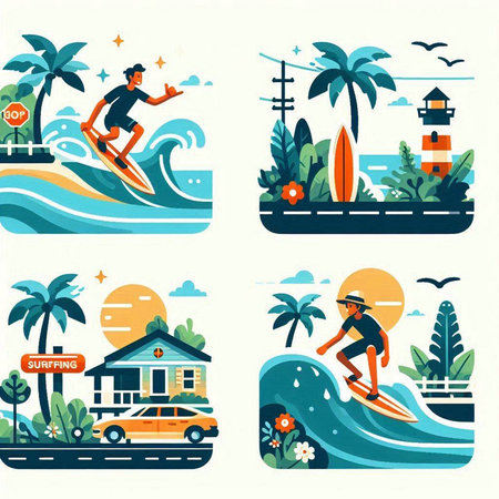 Surfing flat icons set with surfer and tropical island vector illustrationのイラスト素材