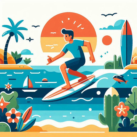 Surfing flat vector illustration. Surfer on surfboard on the sea.のイラスト素材
