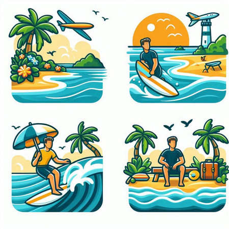 Set of vector summer beach icons with people surfing in the waves.のイラスト素材