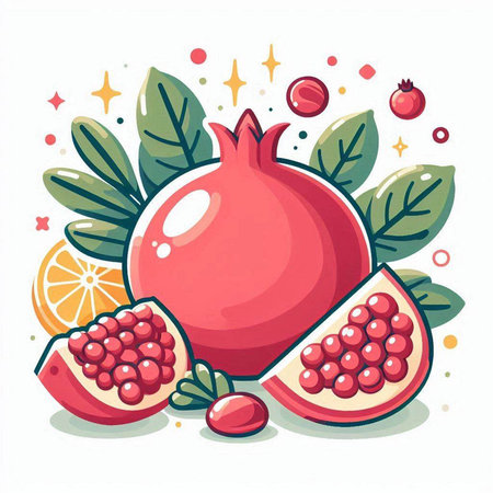 Ripe pomegranate fruit with leaves and berries. Vector illustration.のイラスト素材