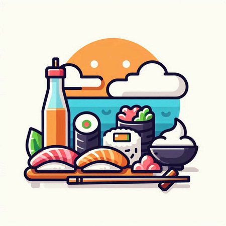 Sushi and rolls flat color vector icon. Japanese food restaurant illustrationのイラスト素材