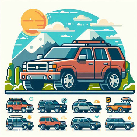 Set of 4 4x4 vehicle icons in flat style. Vector illustrationのイラスト素材