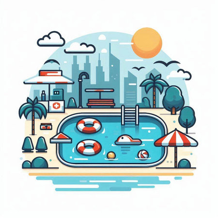 Swimming pool in the city. Vector illustration in flat style.のイラスト素材