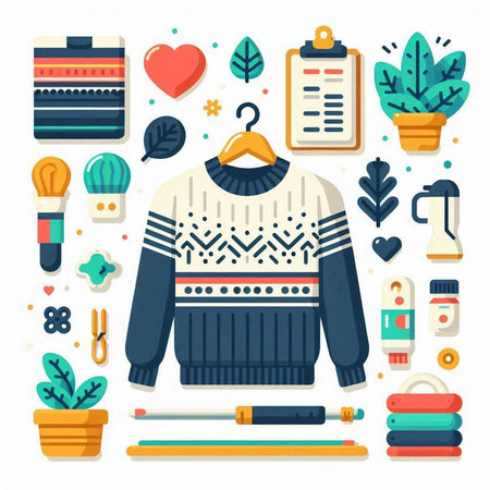 Winter clothes. Vector illustration in flat design. Sweater, sweater, scarf, t-shirt, hat, pencils.のイラスト素材