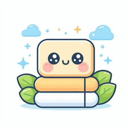 Illustration of a stack of white soap with a cute face.のイラスト素材