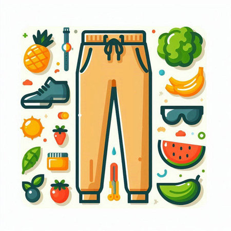 Set of sport equipment. Sneakers, pants, sneakers, bottle of water. Vector illustrationのイラスト素材