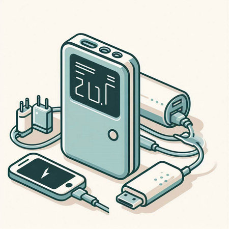 Smartphone charging with power bank on white background, vector illustration.のイラスト素材