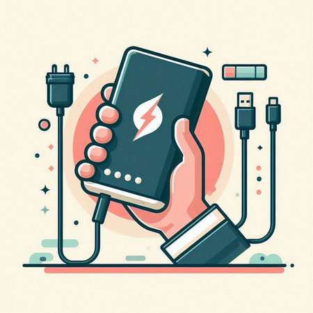Smartphone charging with power bank in hand, flat design vector illustration.のイラスト素材