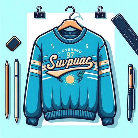 Blue sweater on hanger with pencils and eraser. Vector illustrationのイラスト素材
