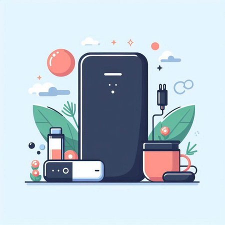 Smartphone with power bank, charging battery, charging cable, coffee cup, charging battery. Flat style vector illustration.のイラスト素材