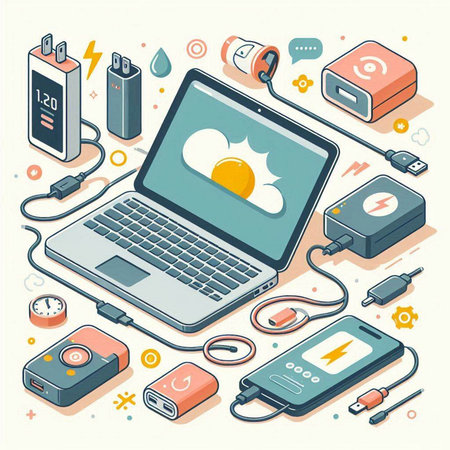 Electronic devices. Laptop, battery, charger, power supply, charger. Vector illustrationのイラスト素材