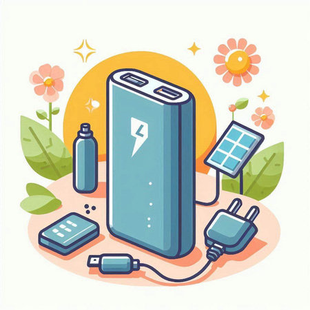 Power bank with solar panels and battery. Vector illustration in flat style.のイラスト素材