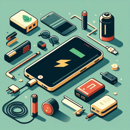 Smartphone charging battery isometric vector illustration. Smartphone charging battery concept.のイラスト素材