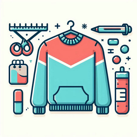 Flat line art style vector illustration of a sweater and accessories.のイラスト素材