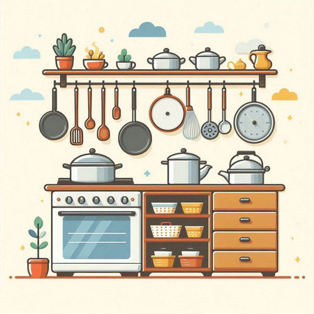 Kitchen interior. Vector illustration in flat style. Kitchen furniture.のイラスト素材