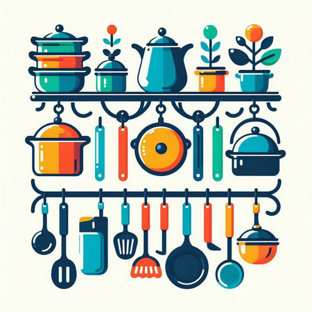 Kitchen utensils on the shelf. Vector illustration in flat styleのイラスト素材