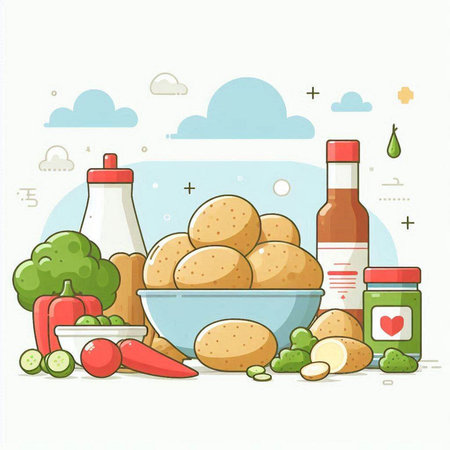 Vegetables and meat products in a bowl. Vector illustration.のイラスト素材