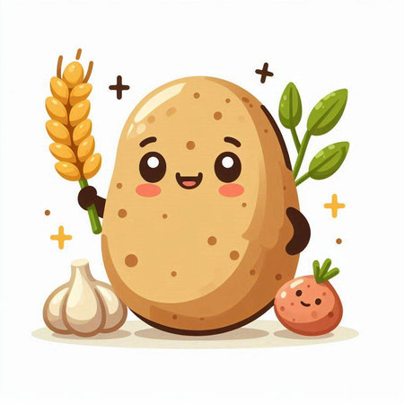 Potato character with vegetables. Cute cartoon character. Vector illustration.のイラスト素材