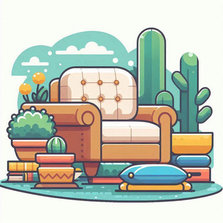 Vector illustration of a cozy living room with a sofa, cactus and a car.のイラスト素材
